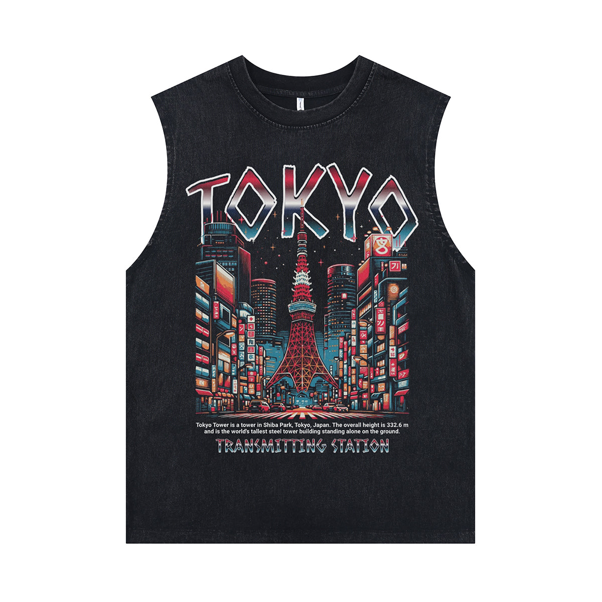 Tokyo sleeveless t-shirt city print surfer vest retro Japanese tank top in acid wash black
