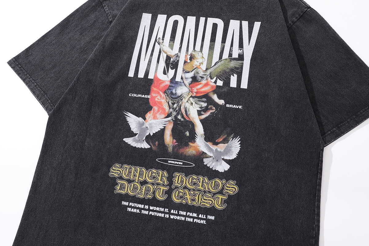 Monday t-shirt hero slogan tee angel print top in vintage grey