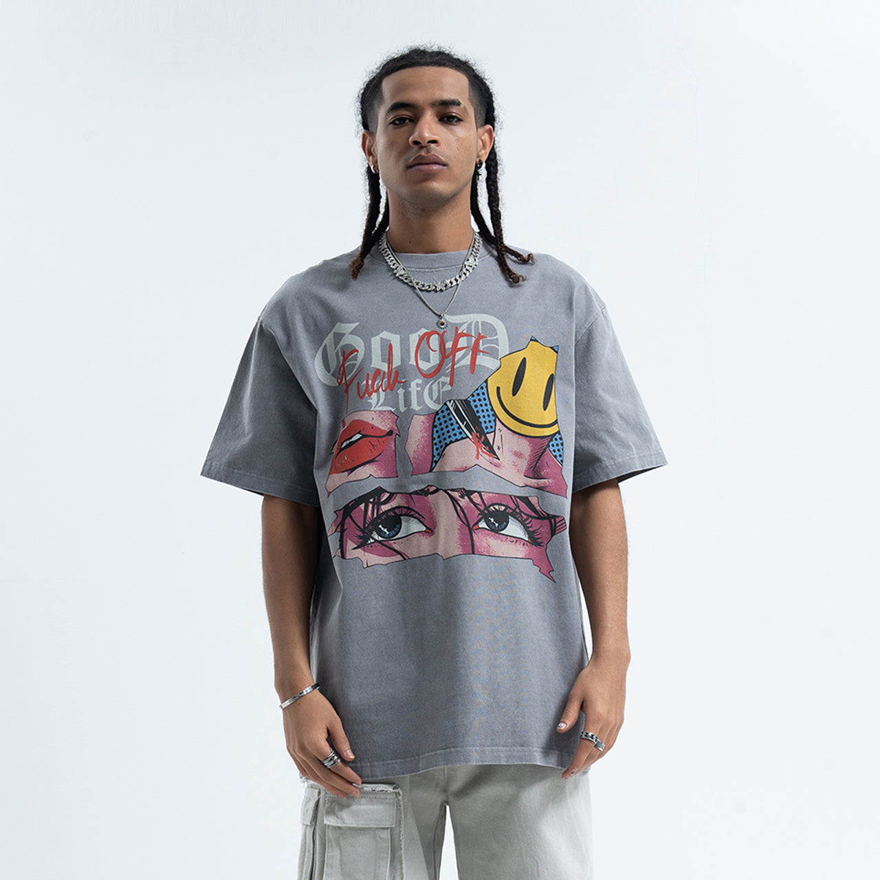 Anime t-shirt retro cartoon top 90s tee good life slogan jumper in grey