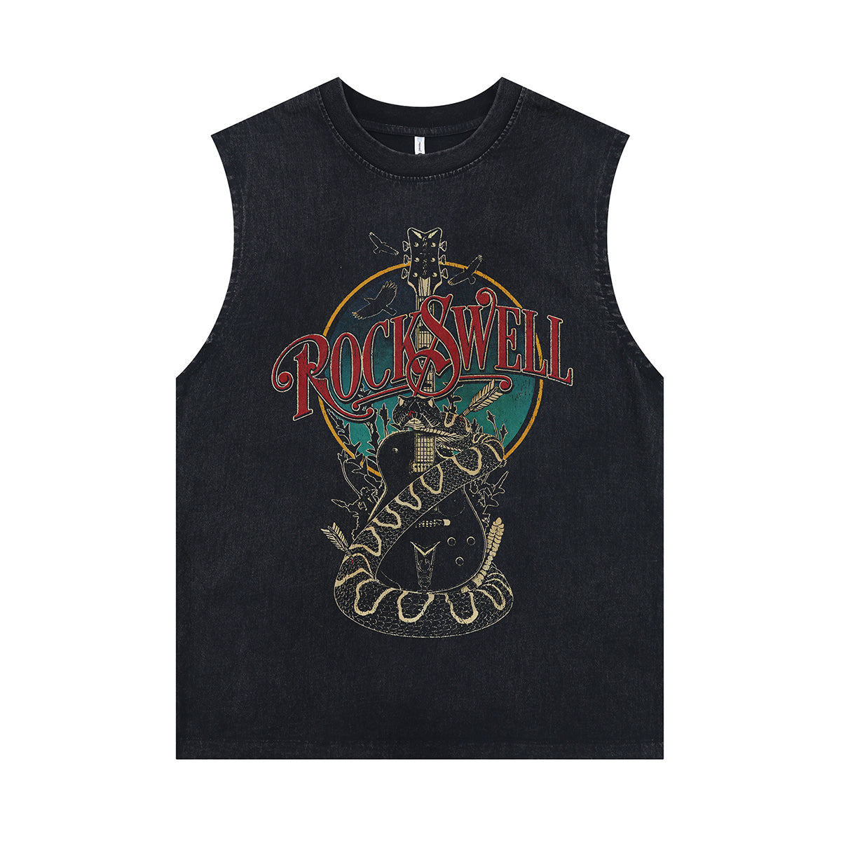Guitar print sleeveless t-shirt 80s rocker surfer vest metalcore tank top in acid wash black