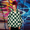 Check fleece hood jacket handmade fluffy chess bomber green