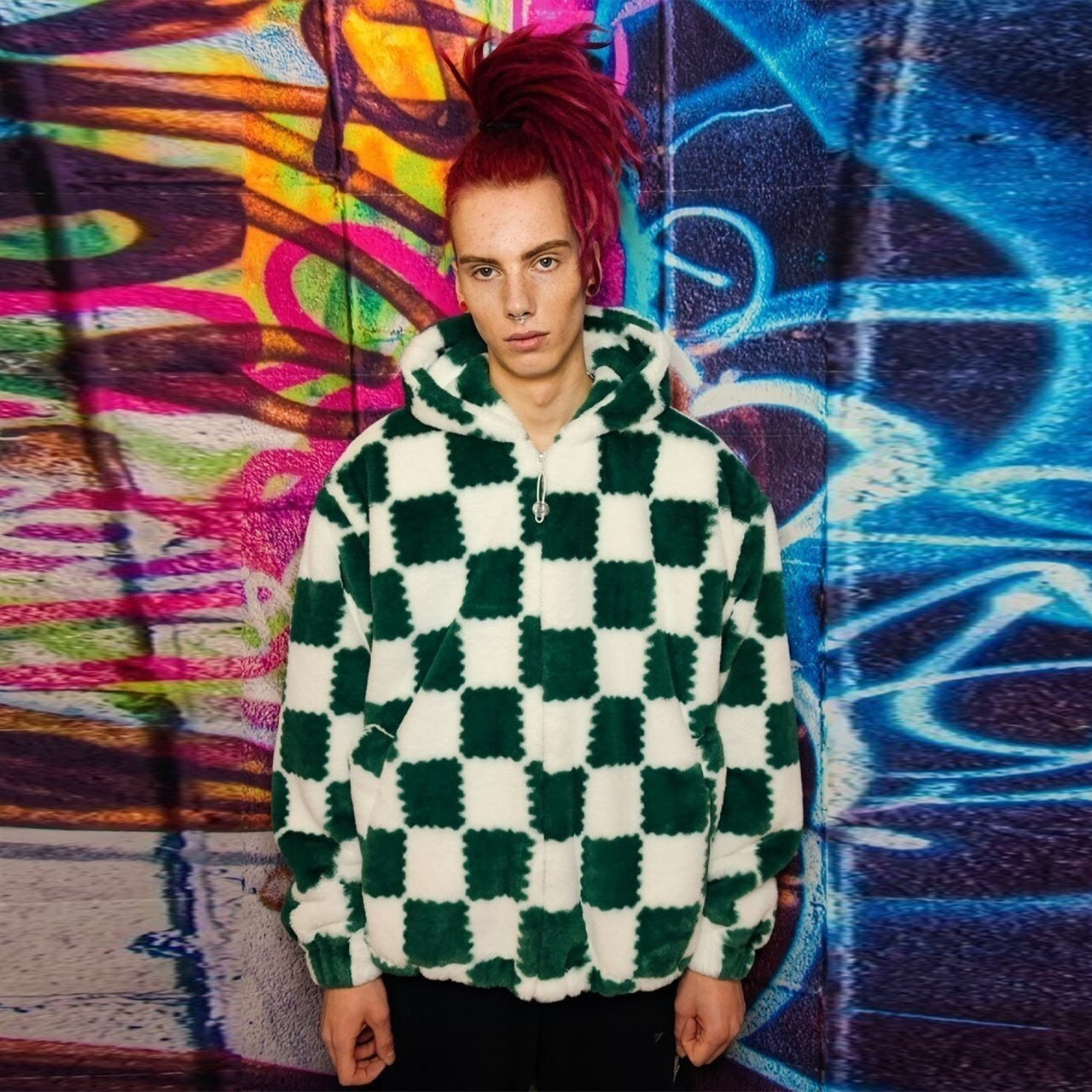 Check fleece hood jacket handmade fluffy chess bomber green