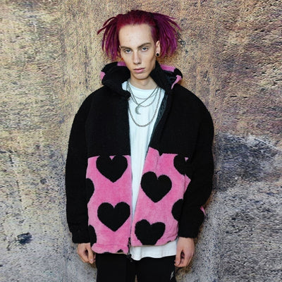 Heart fleece hood jacket handmade fluffy emoji bomber black