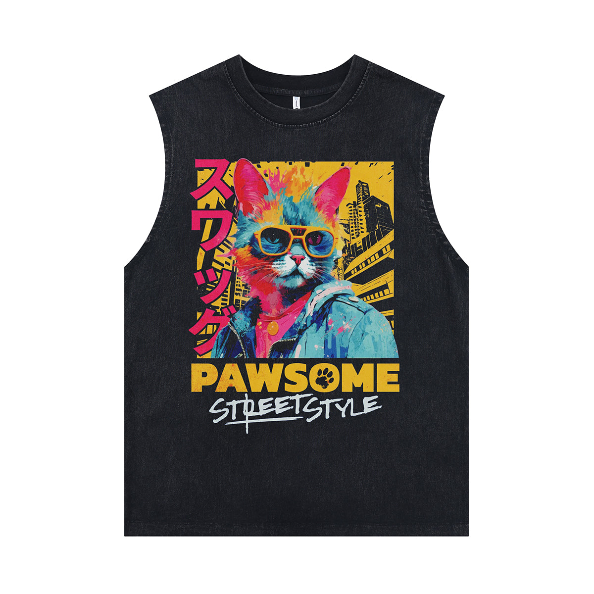 Cool cat print sleeveless t-shirt Japanese cartoon vest 80s retro poster tank top in acid wash black