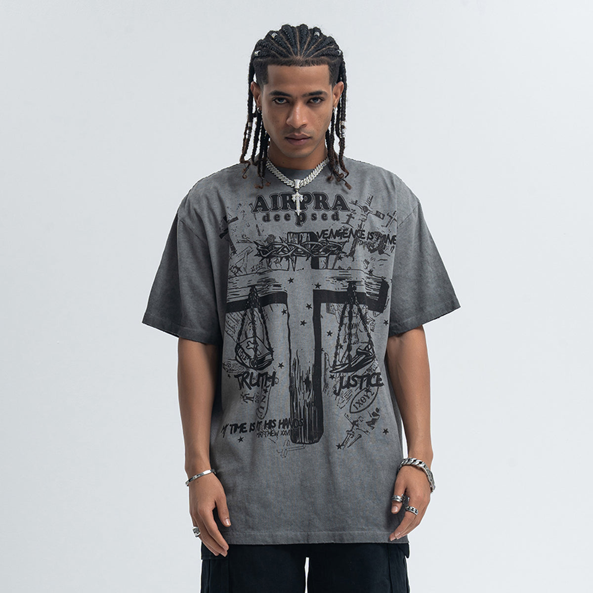 Cross print t-shirt religion top grunge saint tee in grey