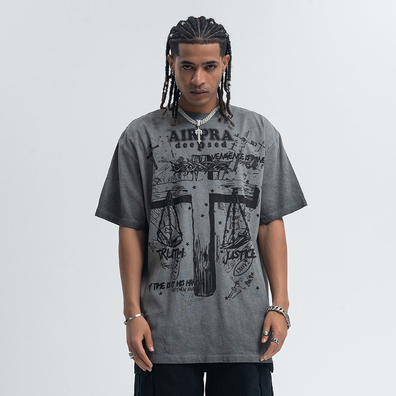 Cross print t-shirt religion top grunge saint tee in grey