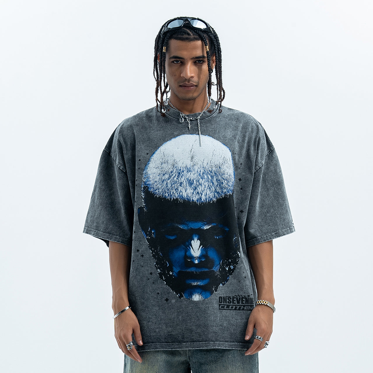 Cyberpunk t-shirt creepy psychedelic top man print tee in grey