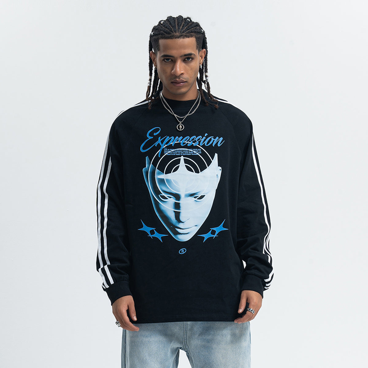 Psychedelic jumper long sleeve cybepunk top alien print t-shirt grunge striped pullover in black