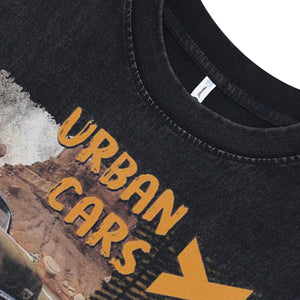 American car sleeveless t-shirt retro poster surfer vest 80s motorsports tank top in acid wash black