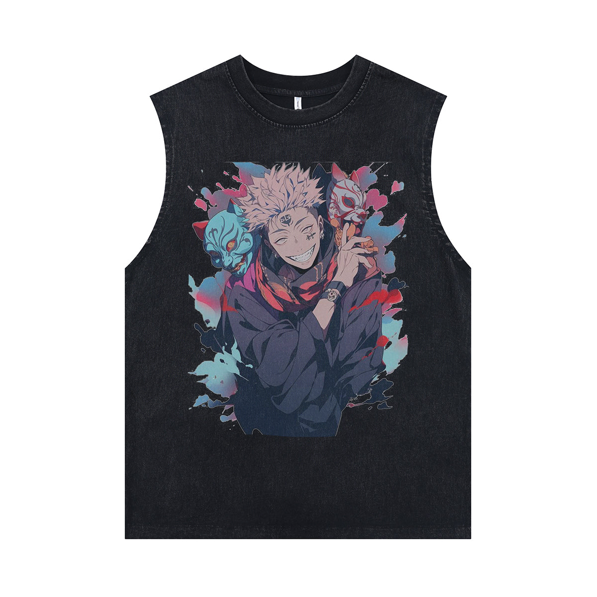 Crazy boy sleeveless t-shirt vintage Japanese vest retro anime tank top in acid wash black