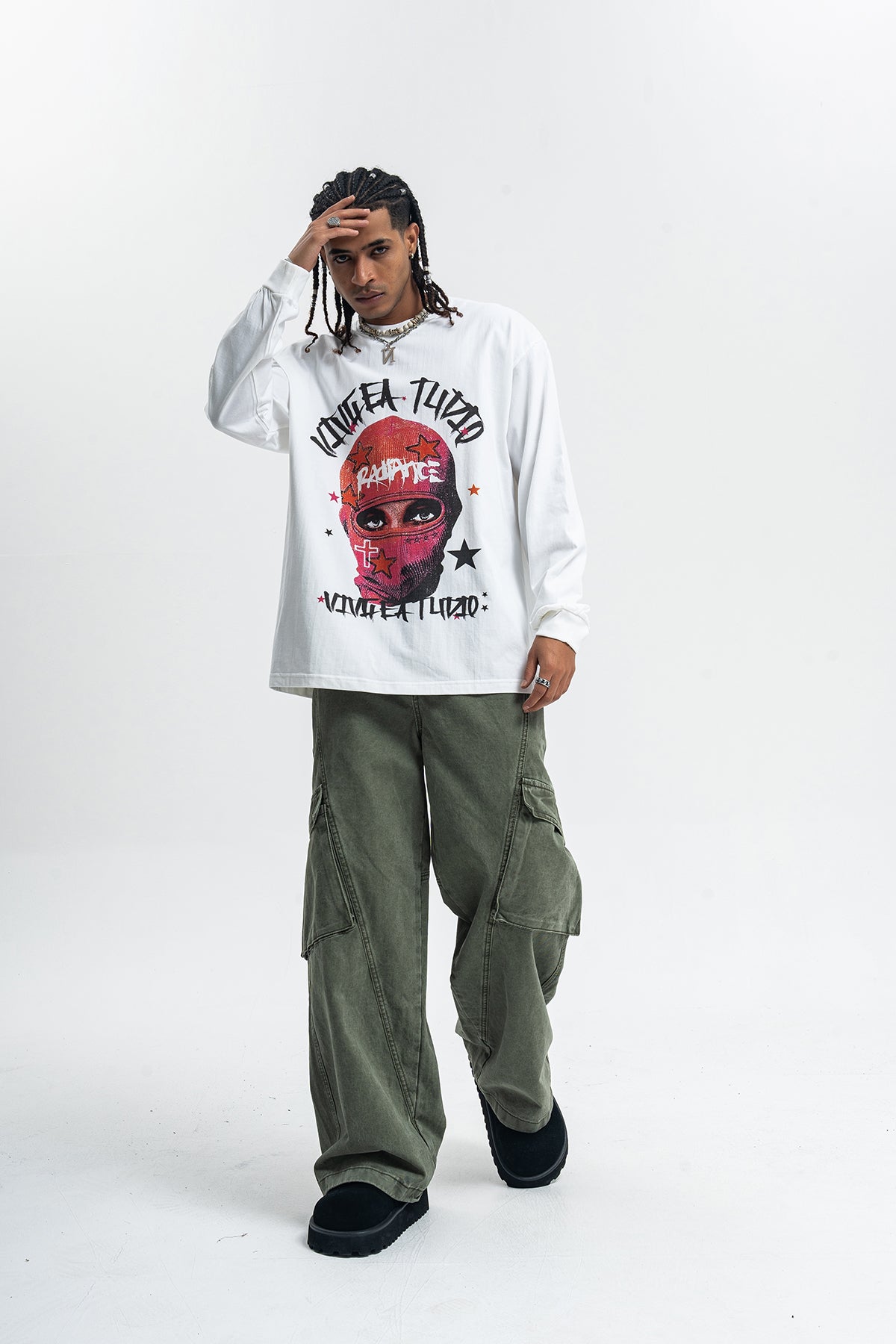 Balaclava print long sleeve top ganster t-shirt hip-hop jumper in white