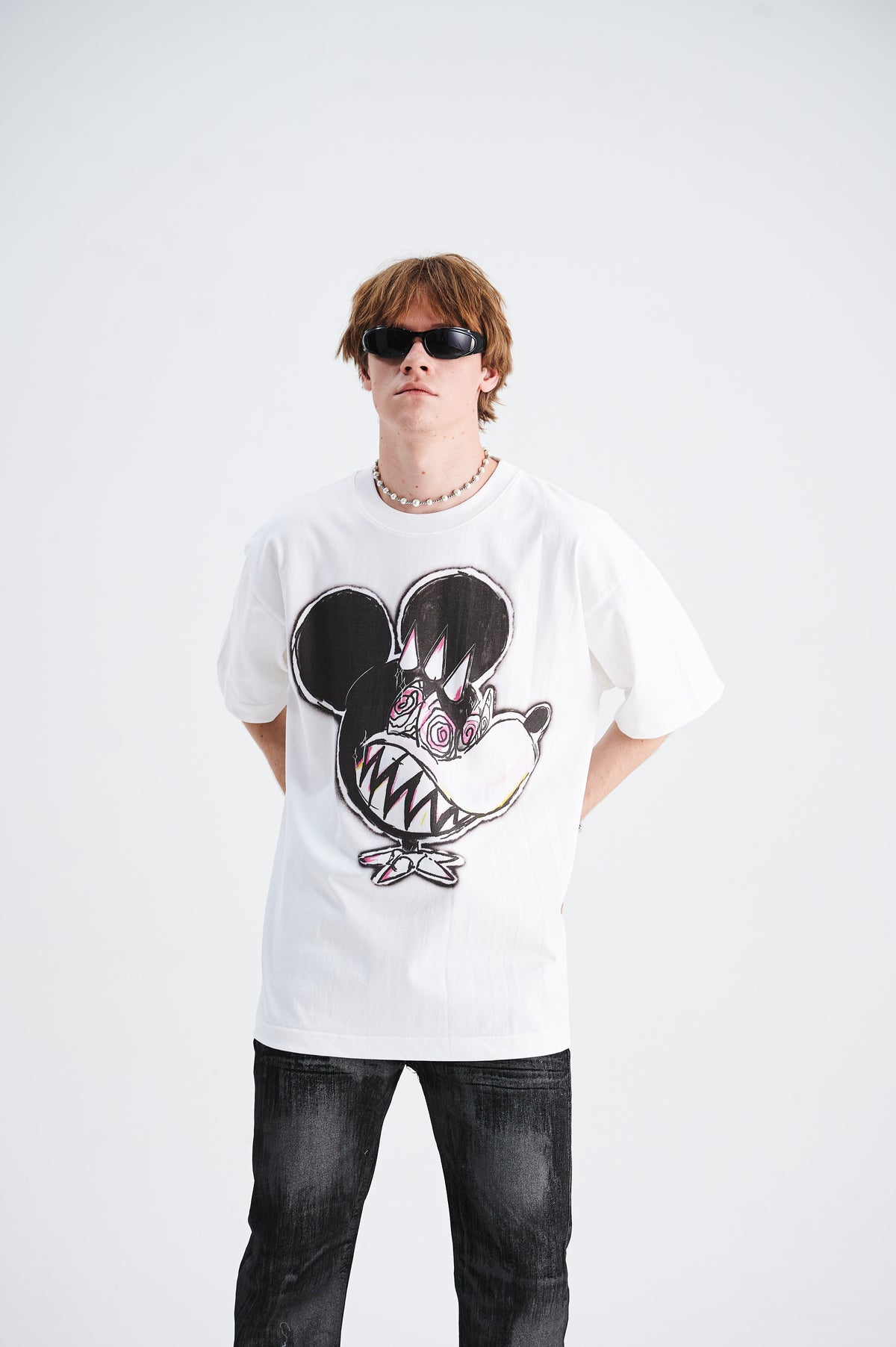 Punk mouse t-shirt Mickey top graffiti tee cartoon jumper in white