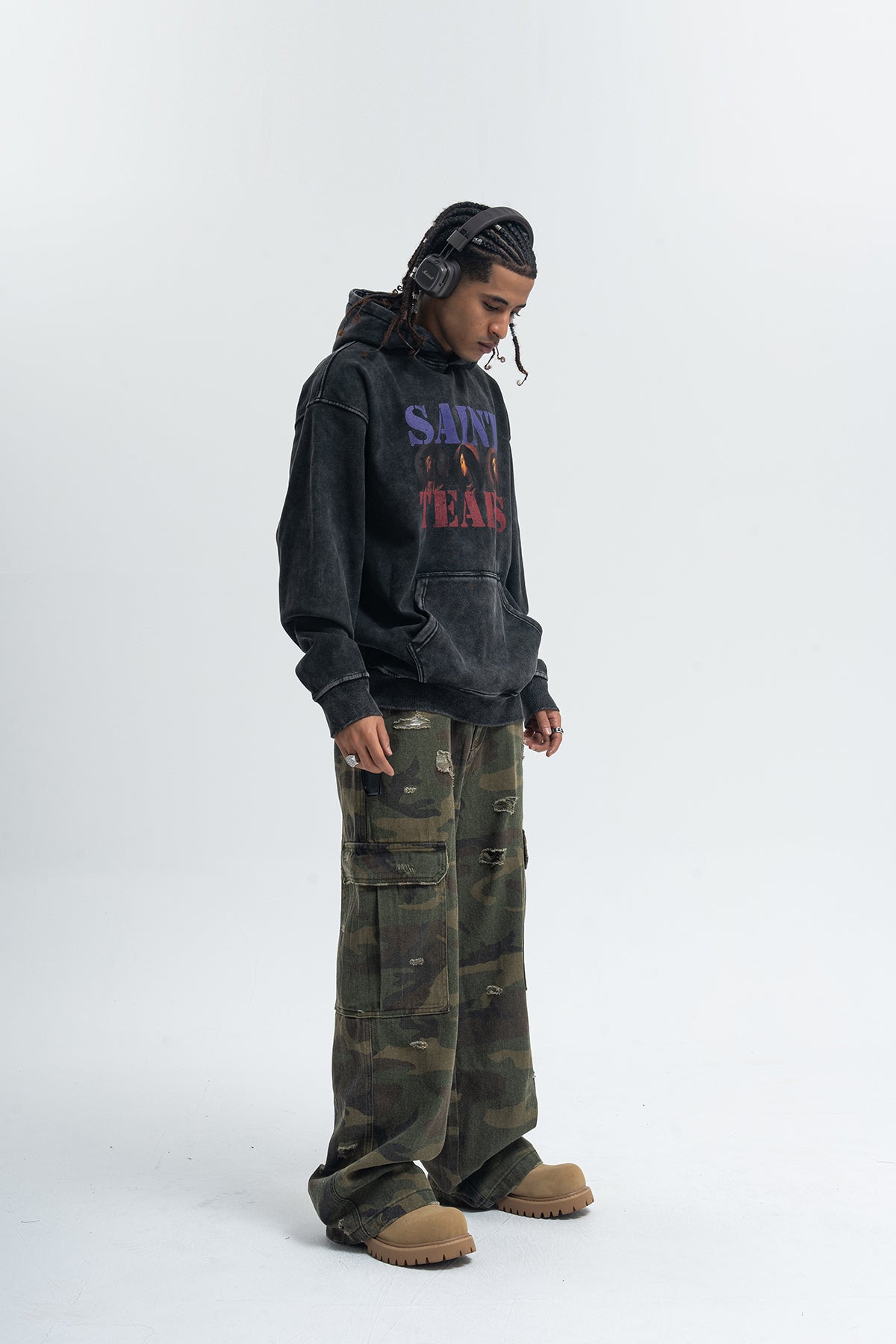 Saint print hoodie vintage wash religion jumper grunge retro pullover in acid grey