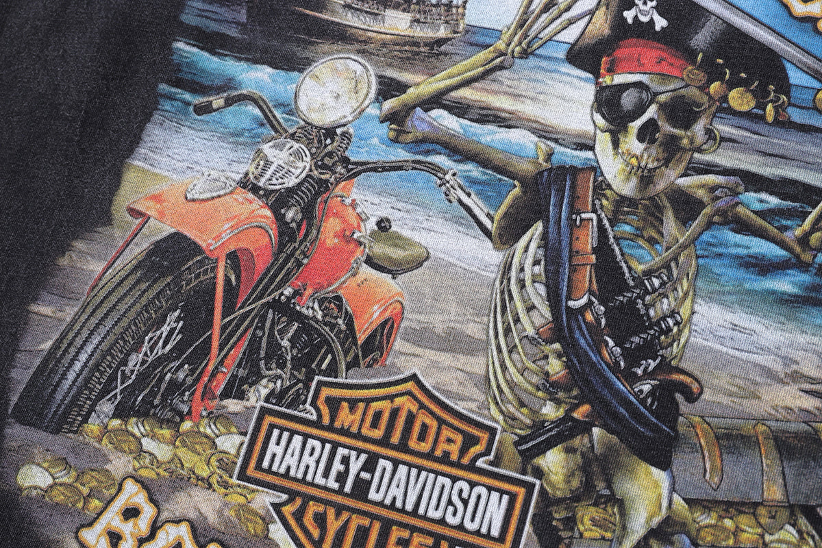 Vintage Harley Davidson t-shirt pirate print tee retro racing top in grey