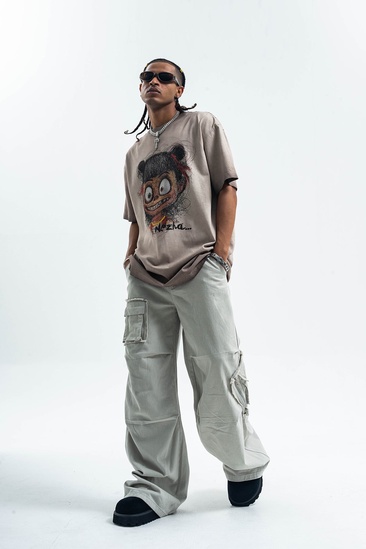 Scary cartoon t-shirt creepy anime top grunge retro horror tee in Grey