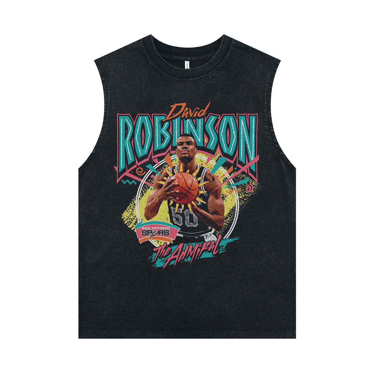 David Robinson sleeveless t-shirt vintage basketball player vest 00s sports tank top in acid wash black