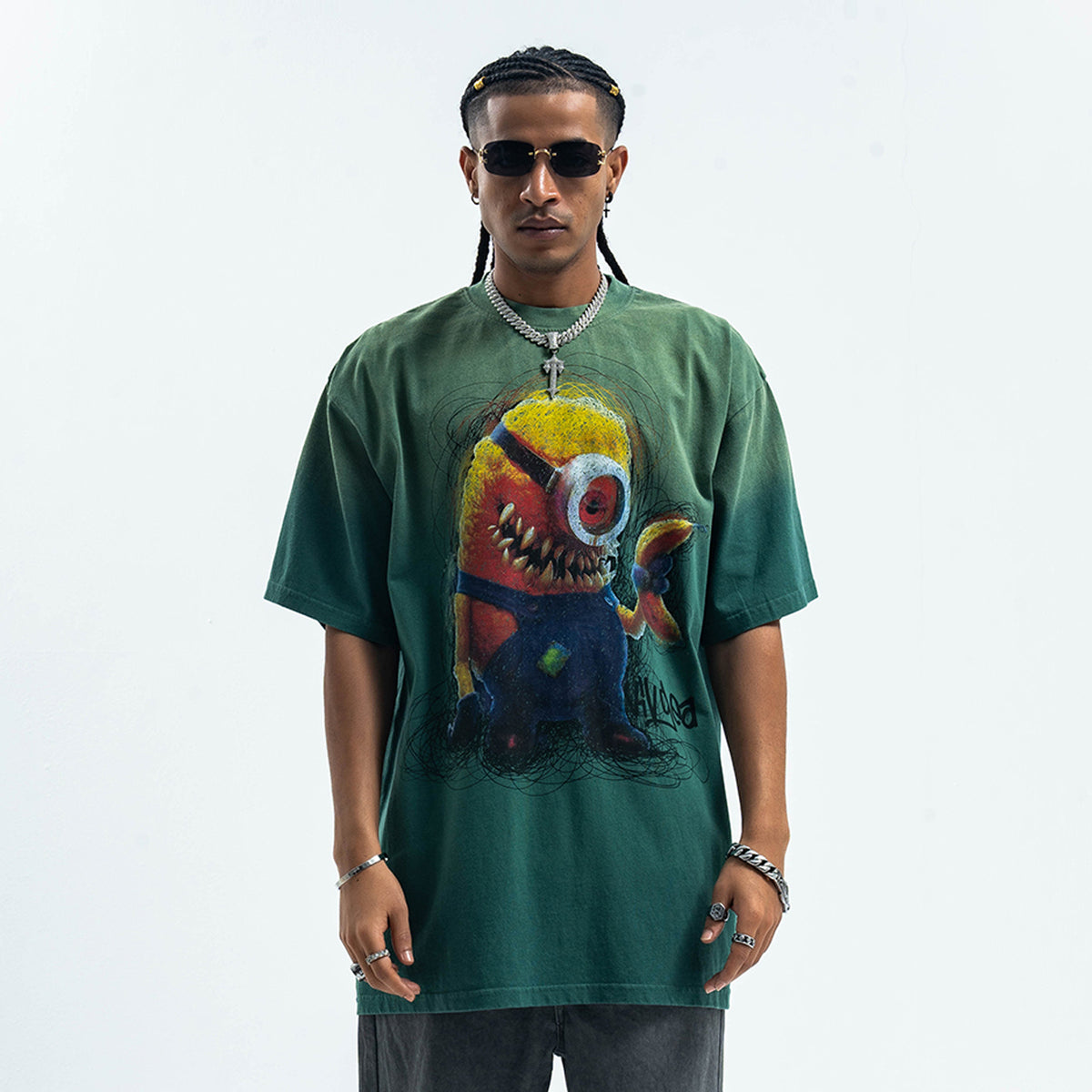 Horror cartoon t-shirt creepy anime top grunge retro tee in Green