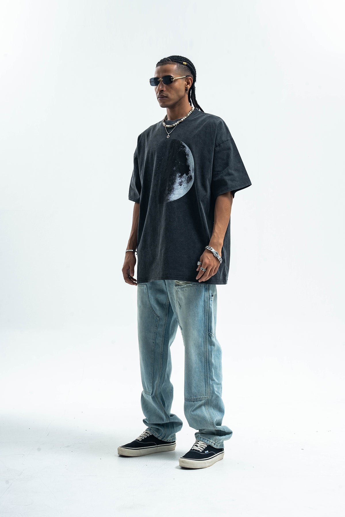 Moon print t-shirt space top grunge raver tee in grey