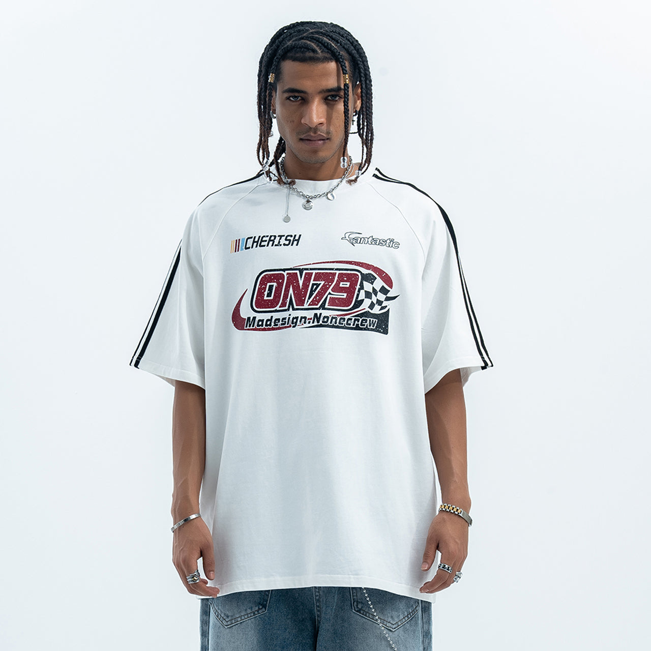 Racing t-shirt motorsports tee y2k sports top striped jumper in white