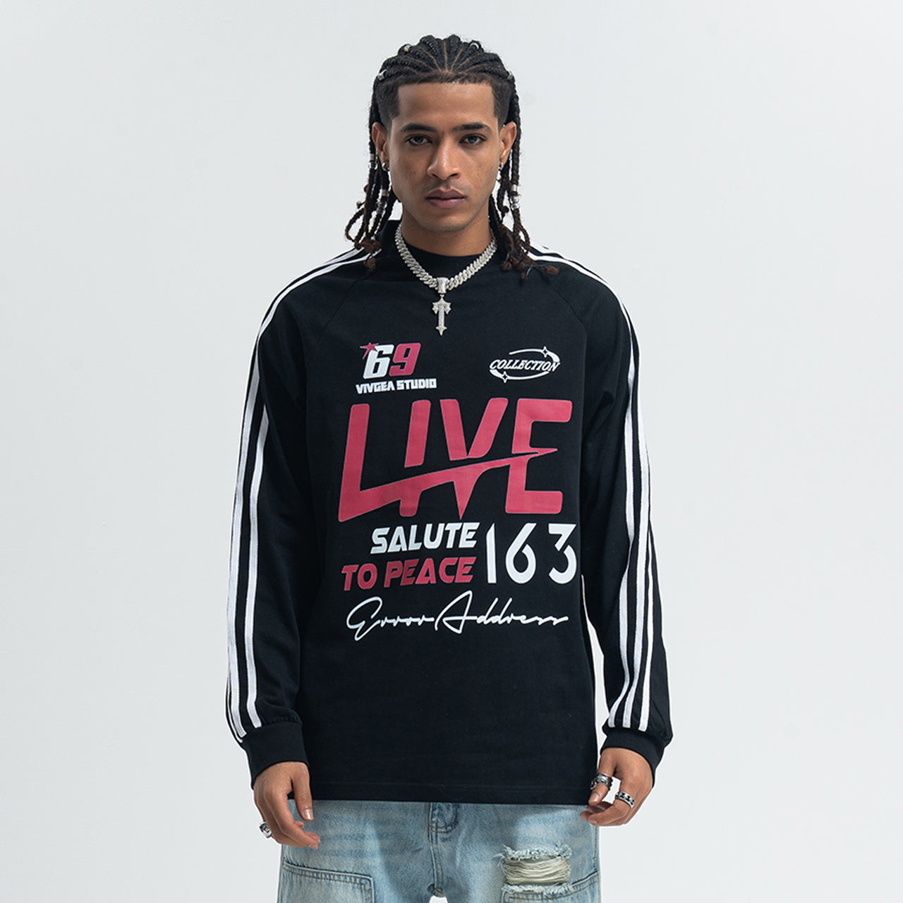 Peace slogan jumper long sleeve anti war top striped grunge t-shirt in black