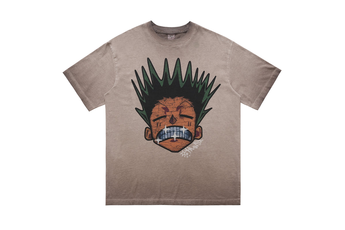 Angry boy t-shirt hunter cartoon tee retro anime top in grey