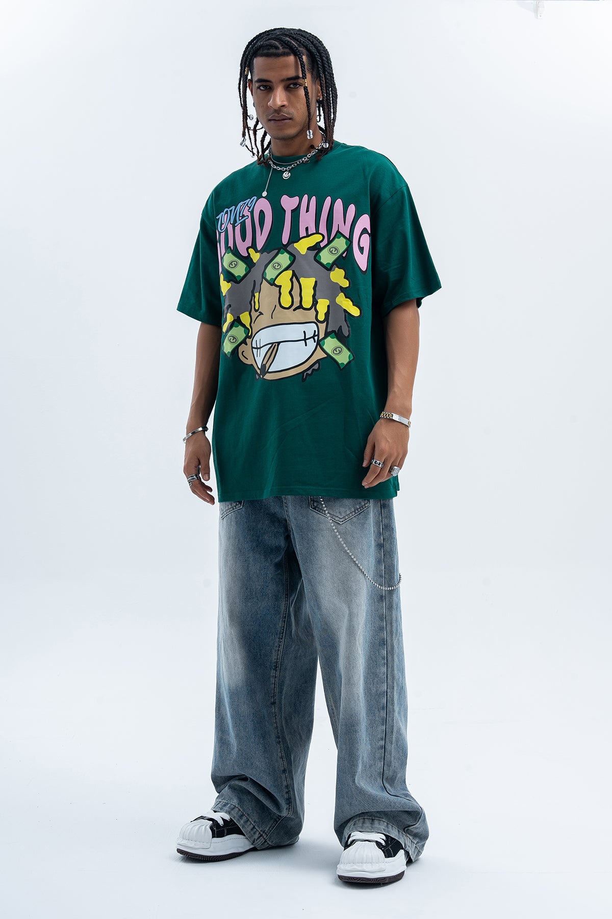 Hip-hop t-shirt rapper top money print tee Brown