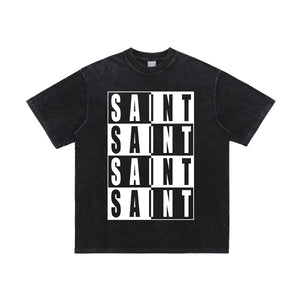 Saint slogan t-shirt retro religion top in black