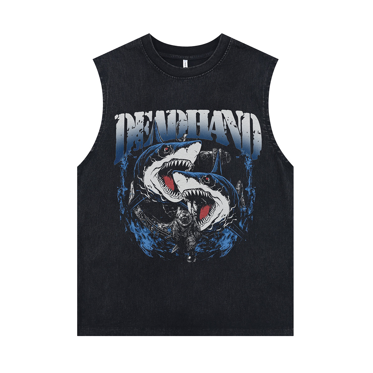 Shark print sleeveless t-shirt retro sea monster surfer vest 90s animal tank top in acid wash black