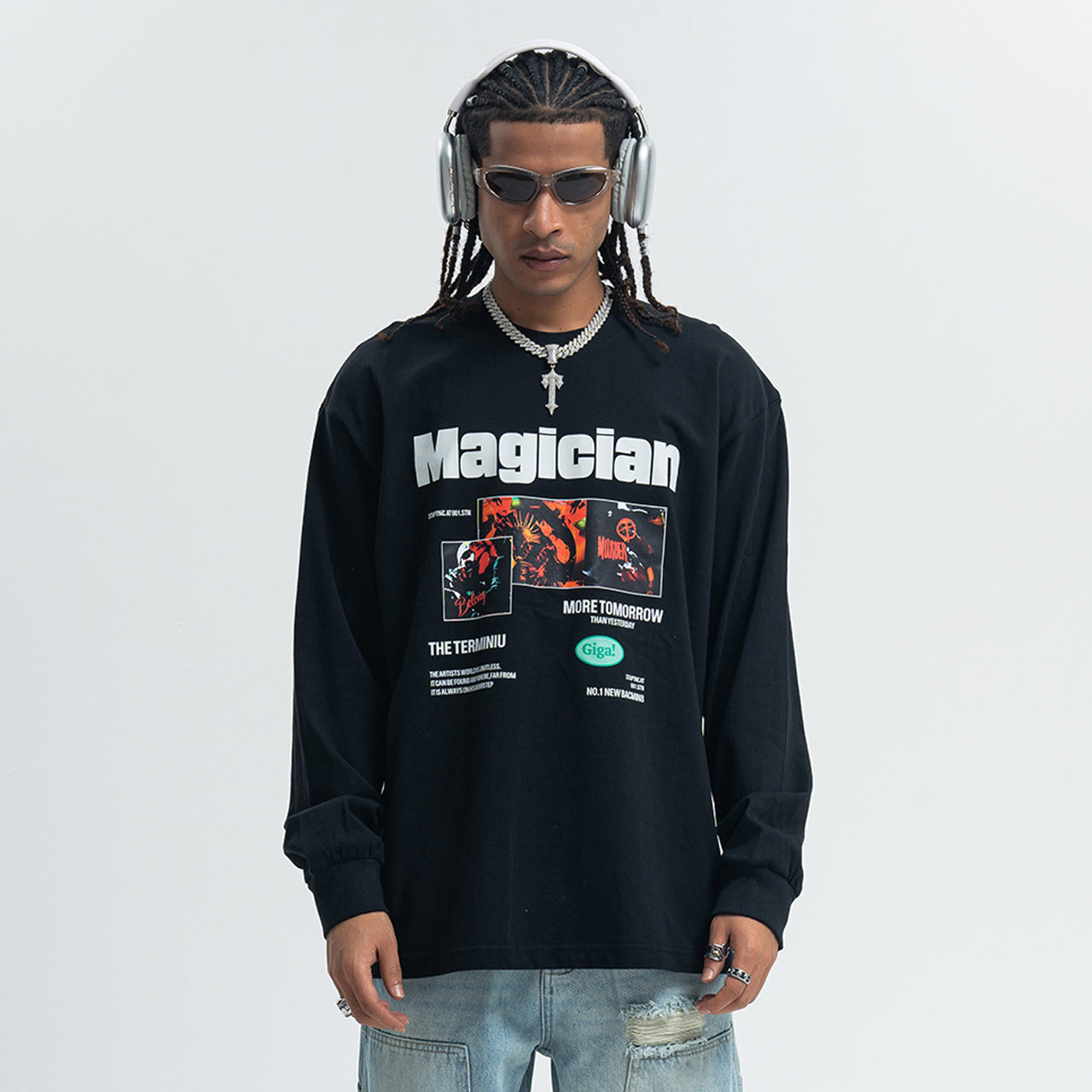 Magician slogan jumper long sleeve singer t-shirt rocker top in black