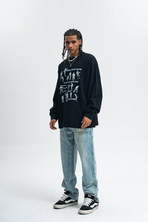 Retro poster jumper musician print long sleeve top 70s grunge t-shirt in brown