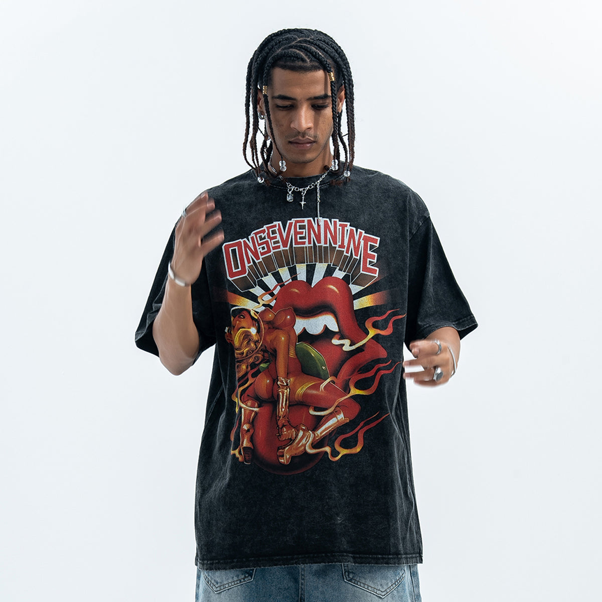 Lips print t-shirt retro cartoon top y2k tee in grey