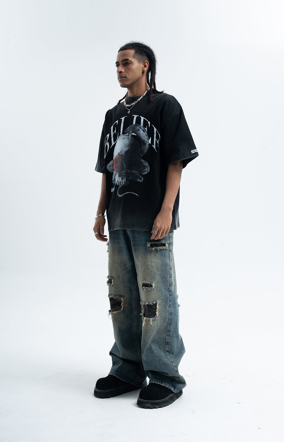 Snake print t-shirt skeleton bones top gothic tee in blue