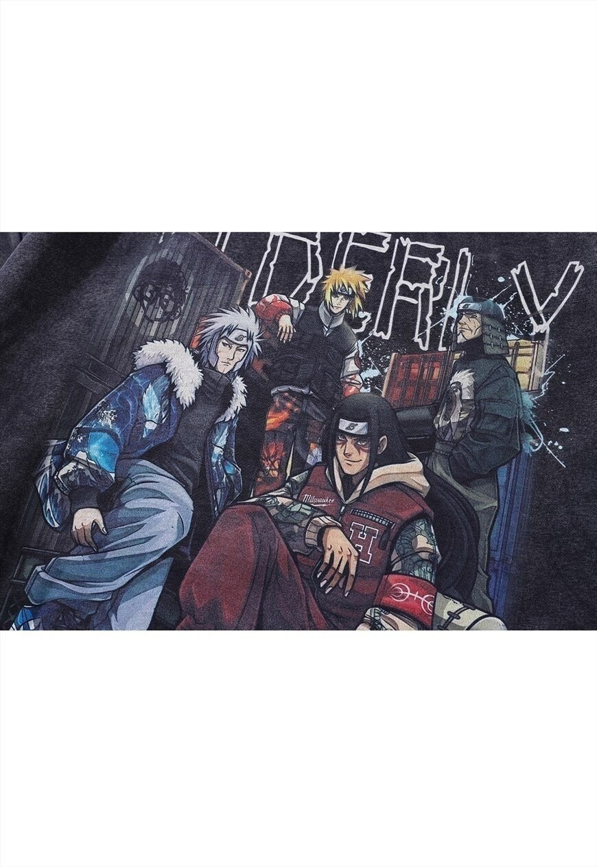 Anime hoodie vintage wash pullover jumper in grey