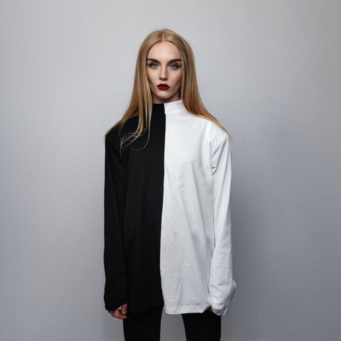 Color block top half white half black t-shirt long sleeve gothic turtleneck divided punk sweatshirt shoulder padded utility jumper black