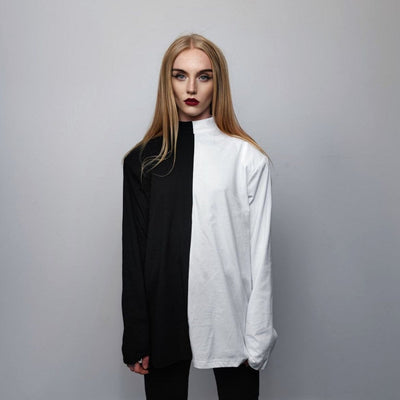 Color block top half white half black t-shirt long sleeve gothic turtleneck divided punk sweatshirt shoulder padded utility jumper black