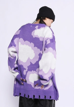 Cloud print sweater ripped knitwear jumper rave top purple