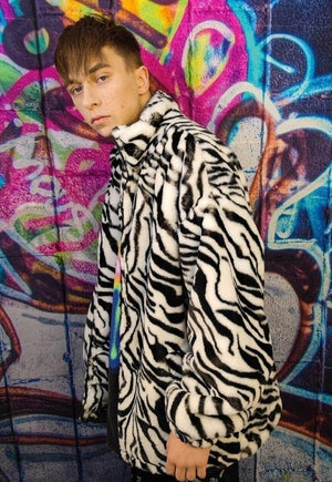 Zebra fleece jacket in white animal print stripe bomber