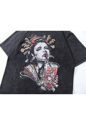 Geisha print t-shirt Japanese cartoon tee retro skater top