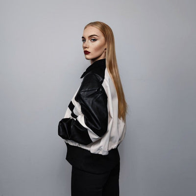 Faux leather motorcycle jacket PU racing bomber cropped college jacket edgy varsity jacket raised neck biker coat in white black