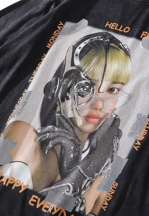 E-girl t-shirt old cyber punk print tee raver top acid grey