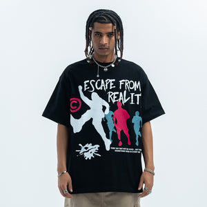 Psychedelic t-shirt graffitit top escape slogan tee raver jumper in black
