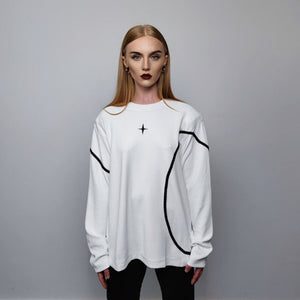 Utility sweatshirt big gorpcore top thin long sleeve contrast jumper asymmetric finish Gothic sweater punk pullover in white