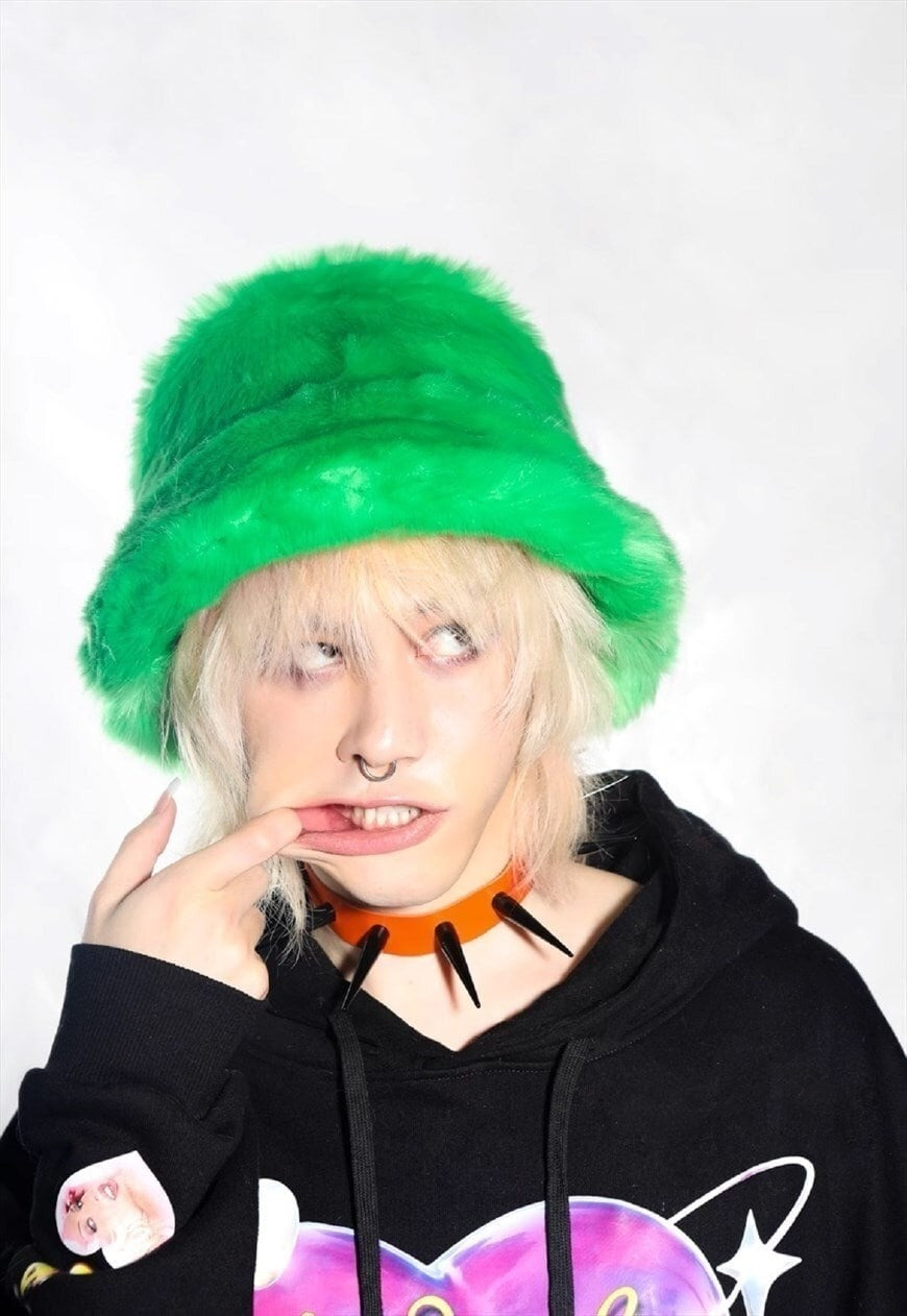 Festival faux fur bucket hat fluffy neon hat rave cap green