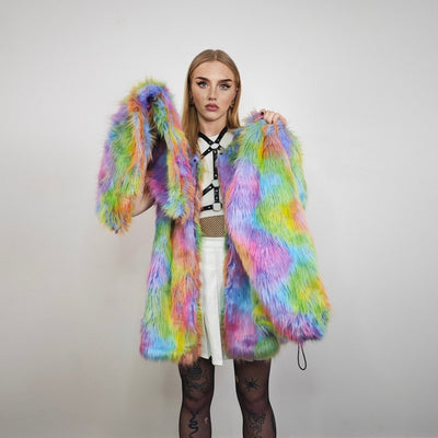 Rainbow faux fur jacket collarless tropical coat bright raver bomber fluffy carnival fleece luminous festival pullover burning man overcoat