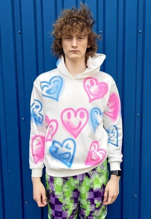 Graffiti heart hoodie hand painted love rave pullover white