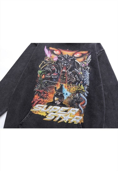 Monsters print hoodie vintage wash pullover movie jumper