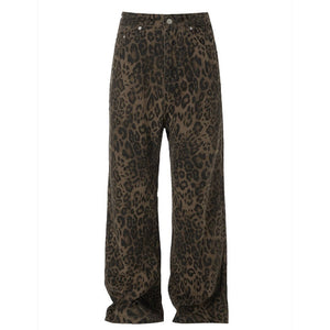 Leopard jeans unisex animal print denim trousers cheetah pants tiger spot pants flared joggers in brown