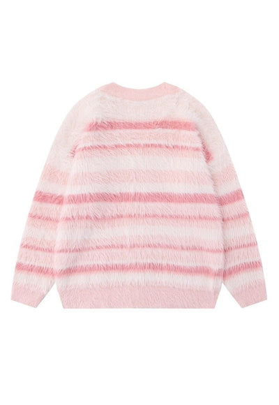 Horizontal stripe cardigan knitted jumper fluffy fleece top