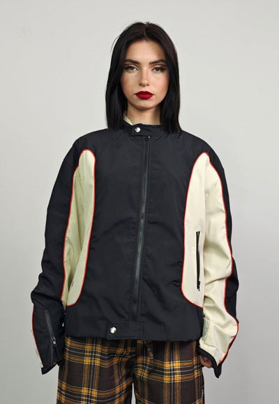 Colour block racing jacket collarless thin college bomber