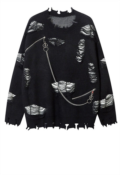 Ripped gothic sweater black shredded pattern chained jumper